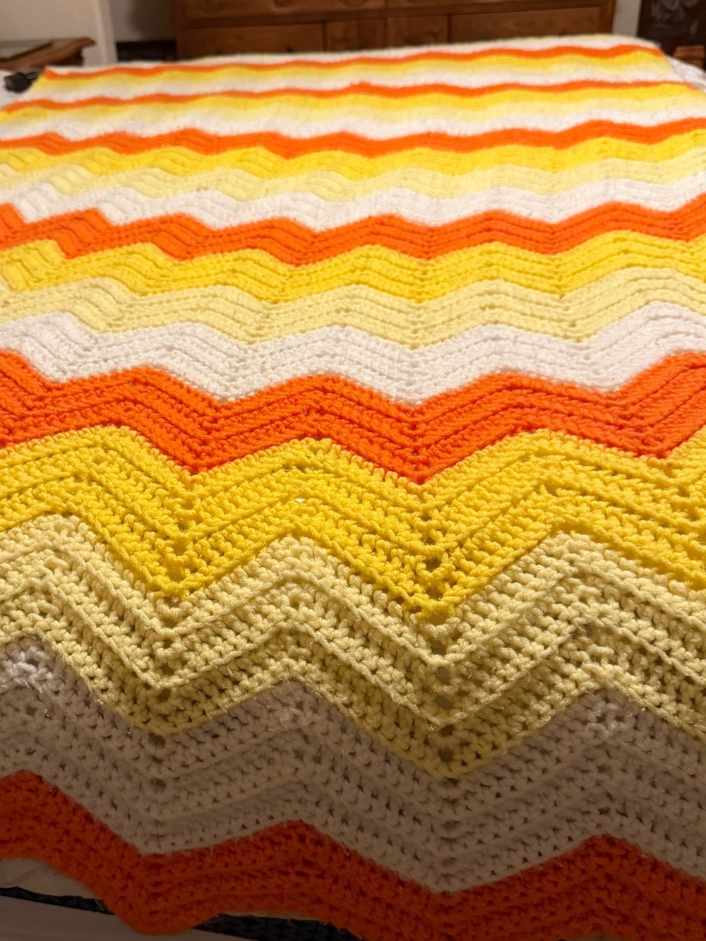 Vibrant Handmade Chevron Crochet Throw Blanket - Orange, Yellow & White Vintage